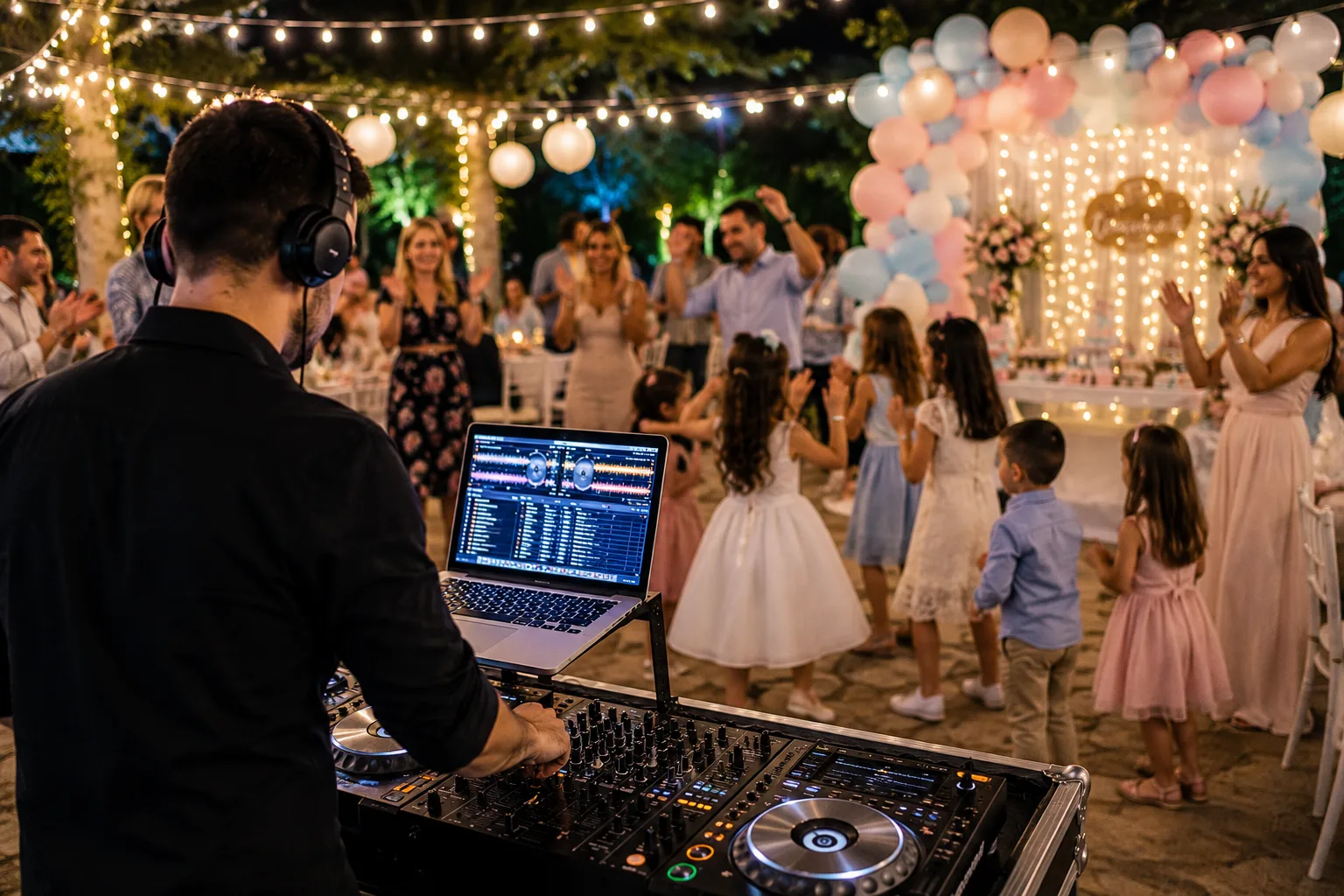 Επαγγελματίας Wedding DJ παίζει μουσική σε γαμήλια δεξίωση ενώ οι καλεσμένοι χορεύουν σε γεμάτη πίστα.