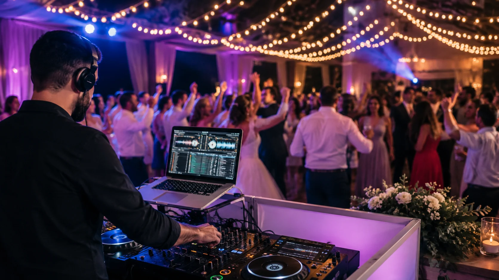 Wedding DJ σε γαμήλια δεξίωση με γεμάτη πίστα χορού Επαγγελματίας Wedding DJ παίζει μουσική σε γαμήλια δεξίωση ενώ οι καλεσμένοι χορεύουν σε γεμάτη πίστα.